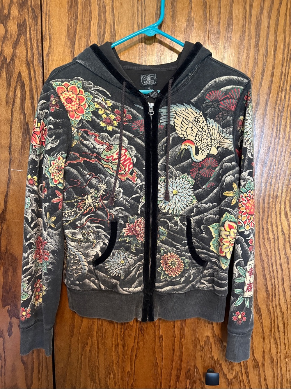 Lucky Brand Black Floral & Crane Embroidered Tokyo Tattoo Zip Hoodie